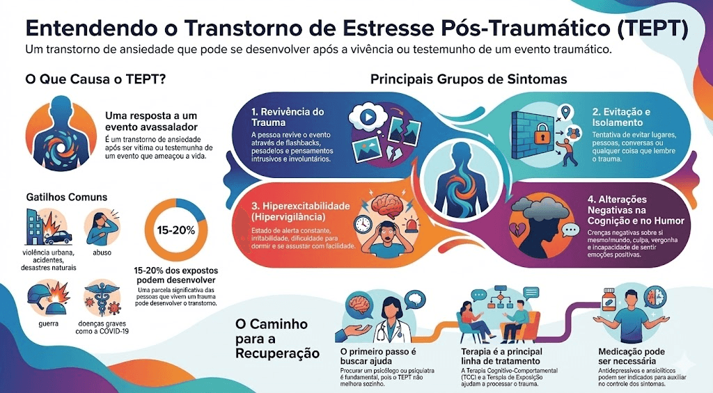 Infográfico intitulado 'Entendendo o Transtorno de Estresse Pós-Traumático (TEPT)'. O texto principal descreve o TEPT como um transtorno de ansiedade que pode se desenvolver após a vivência ou testemunho de um evento traumático. A imagem é dividida em seções coloridas com texto e ícones. A seção superior esquerda, 'O Que Causa o TEPT?', mostra um ícone de uma pessoa com um redemoinho no peito e explica que é uma resposta a um evento avassalador. Abaixo, ícones ilustram 'Gatilhos Comuns': violência urbana/acidentes/desastres naturais (edifício em chamas, carro acidentado), abuso (pessoa com as mãos na cabeça), guerra (soldados) e doenças graves como a COVID-19 (caduceu médico). Um gráfico de pizza indica que 15-20% dos expostos podem desenvolver o transtorno. A seção direita, 'Principais Grupos de Sintomas', apresenta quatro grupos numerados conectados a um ícone central de uma pessoa: 1. Revivência do Trauma (flashbacks, pesadelos), 2. Evitação e Isolamento (evitar lugares, pessoas), 3. Hiperexcitabilidade/Hipervigilância (alerta constante, irritabilidade) e 4. Alterações Negativas na Cognição e no Humor (crenças negativas, culpa). A seção inferior, 'O Caminho para a Recuperação', mostra uma linha do tempo com três etapas: 1. O primeiro passo é buscar ajuda (procurar um psicólogo ou psiquiatra), 2. Terapia é a principal linha de tratamento (Terapia Cognitivo-Comportamental e Terapia de Exposição) e 3. Medicação pode ser necessária (antidepressivos e ansiolíticos). O infográfico tem um design limpo com cores vibrantes e ícones modernos em um fundo branco.
